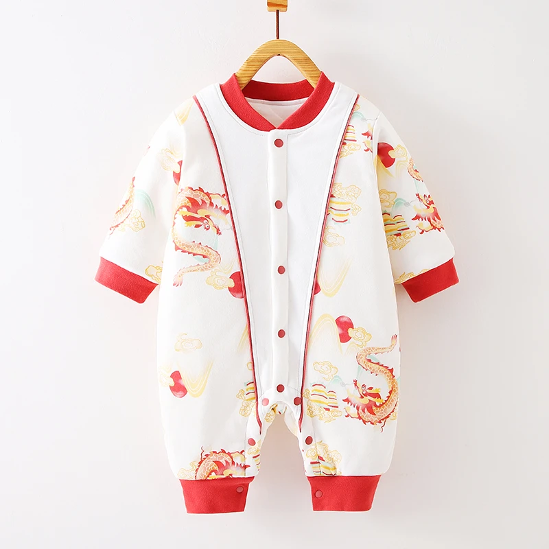 新生婴儿儿衣服秋冬季龙年宝宝连体衣套装百天满月外出拜年服棉衣