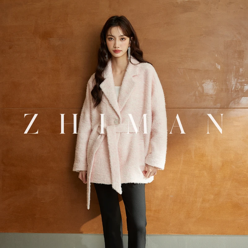 至漫ZHIMAN【北岛蔷薇】渐变粉落肩翻领短款大衣2024新款秋冬外套