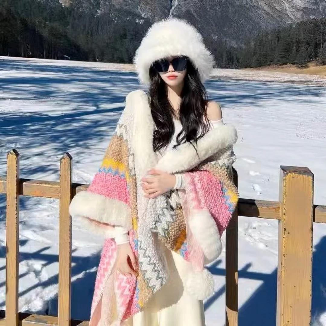 丽江大理旅游毛球披肩仿兔毛大毛领民族风围巾斗篷披风外套女保暖