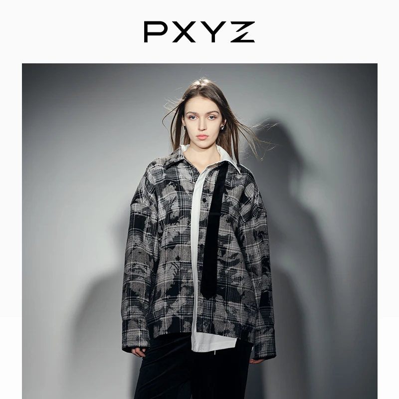PXYZ秋季新款 oversize复古做旧百搭解构领带拼接休闲衬衫
