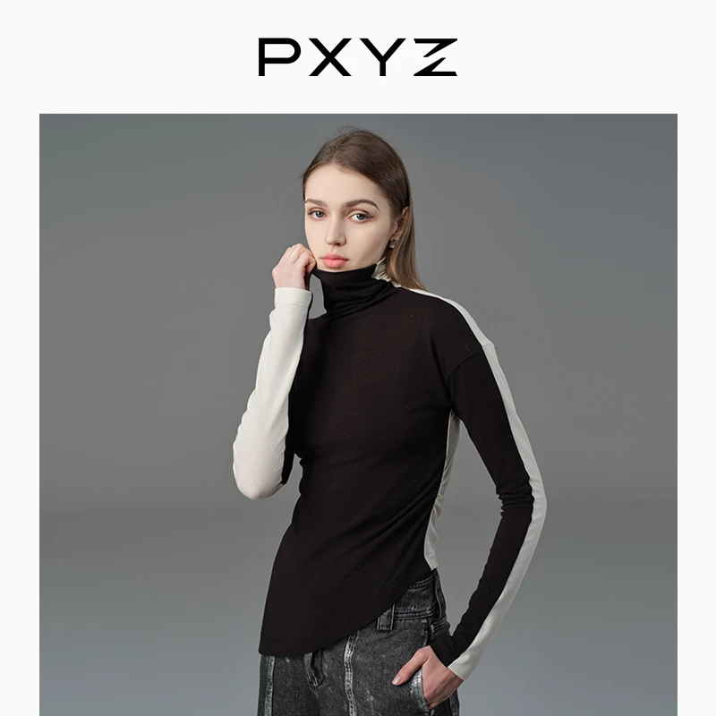PXYZ秋冬新款 撞色拼接解构高领正反两穿不规则羊毛打底