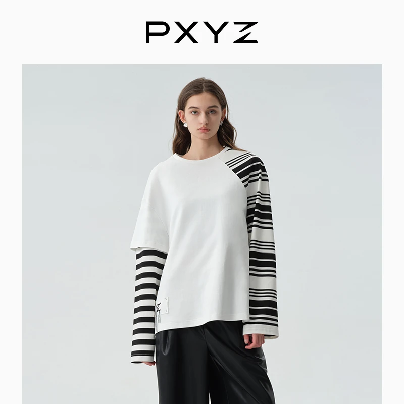 PXYZ【倪妮孟美岐同款】黑白条纹拼接长袖T恤上衣时尚宽松设计感