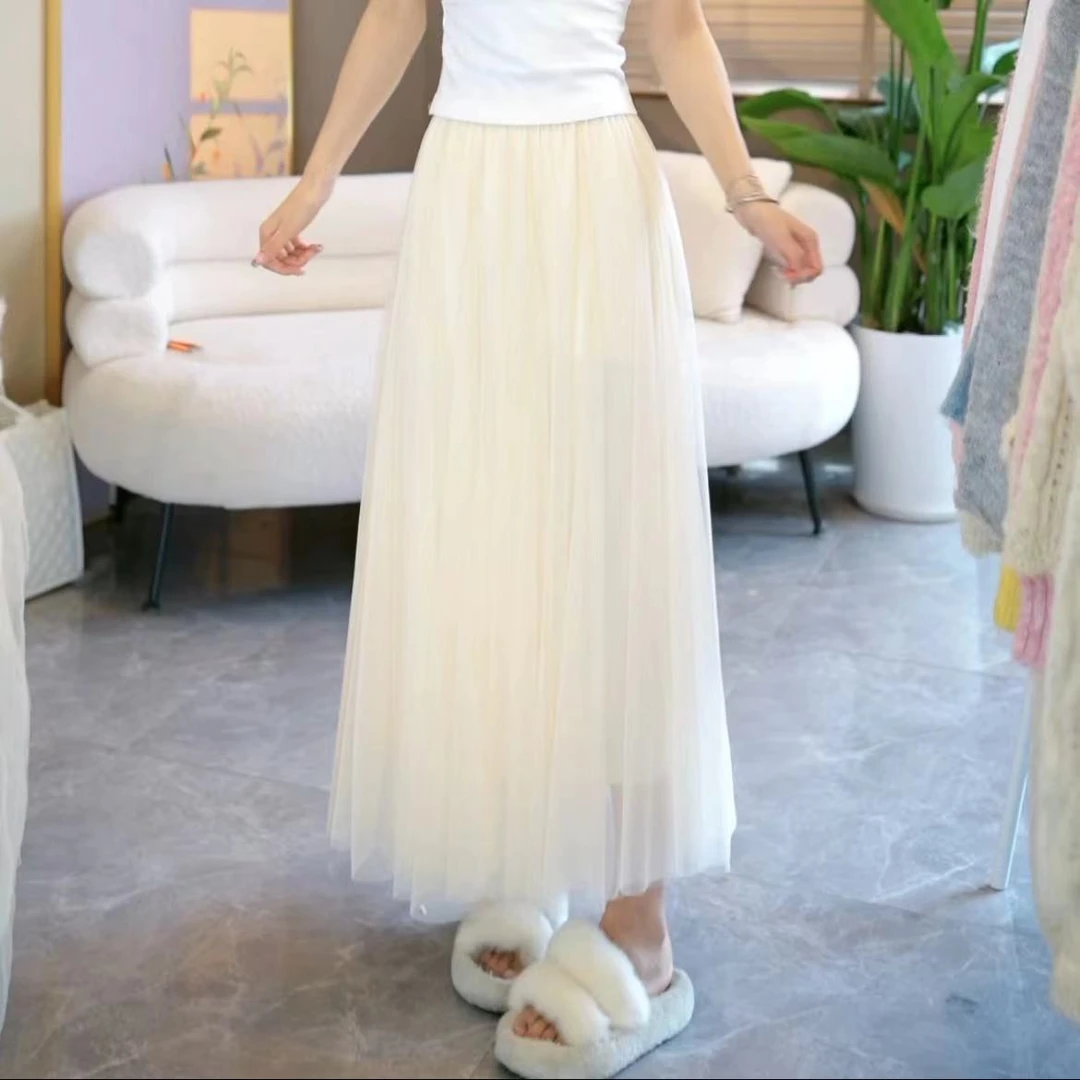 【YIN WEI】纱裙半身裙女高端纯色网纱A字裙四季可穿香槟色高腰裙