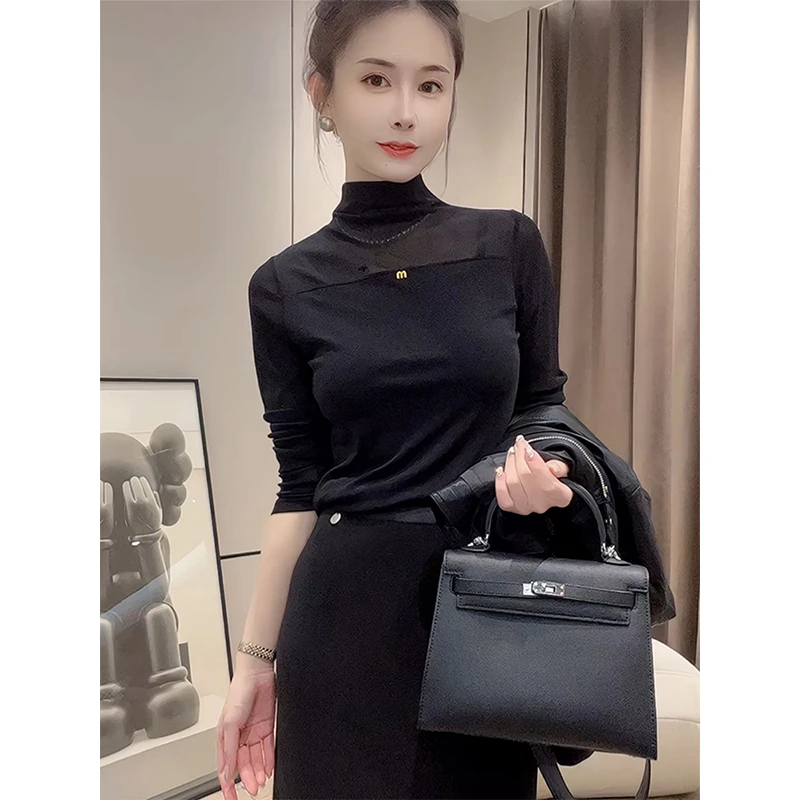 法式拼接网纱长袖T恤女装秋季2024年新款修身显瘦内搭打底衫上衣