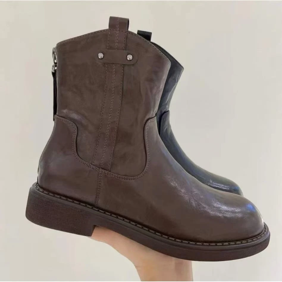 新款时尚真皮软底软皮粗跟时尚百搭骑士靴黑色女鞋筒靴