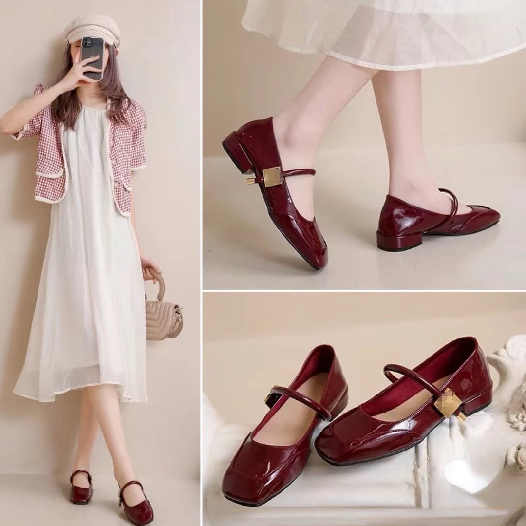 玛丽珍鞋百搭女鞋单鞋浅口粗跟方头漆皮法式一字带软底软面低跟