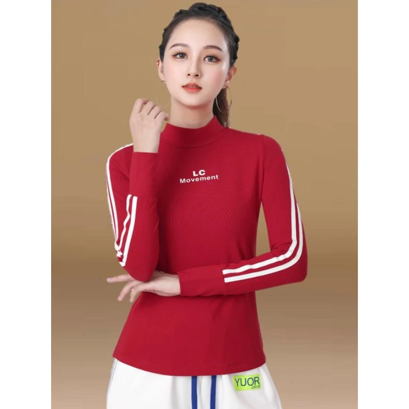 秋季时尚长袖广场舞新款上衣女单件半高领大码秋冬打底衣运动服棉