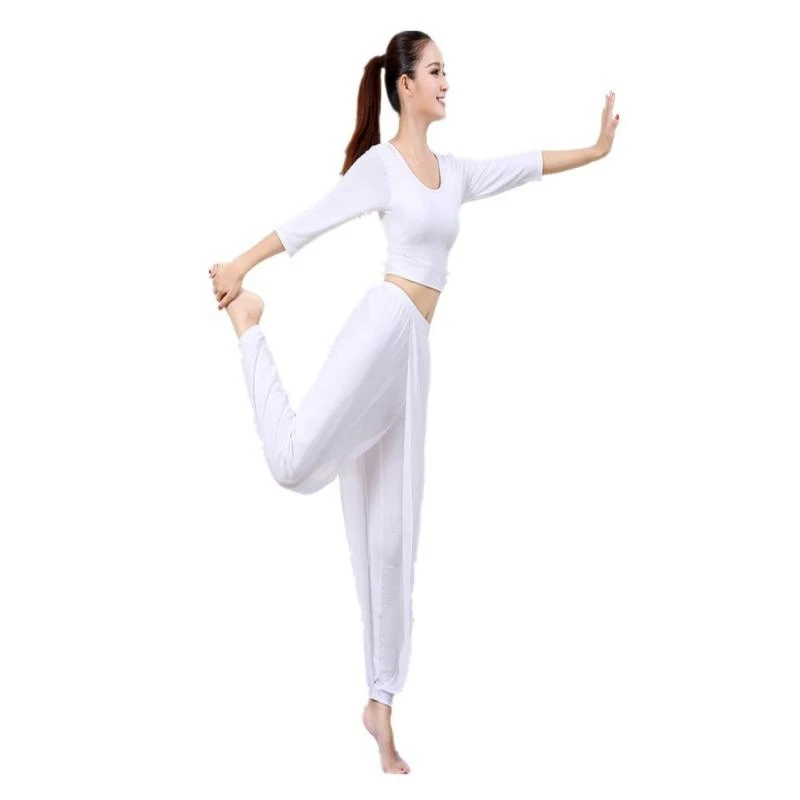 时尚新款显瘦莫代尔瑜伽服女士白色套装雪纺春夏舞蹈服团体演出服