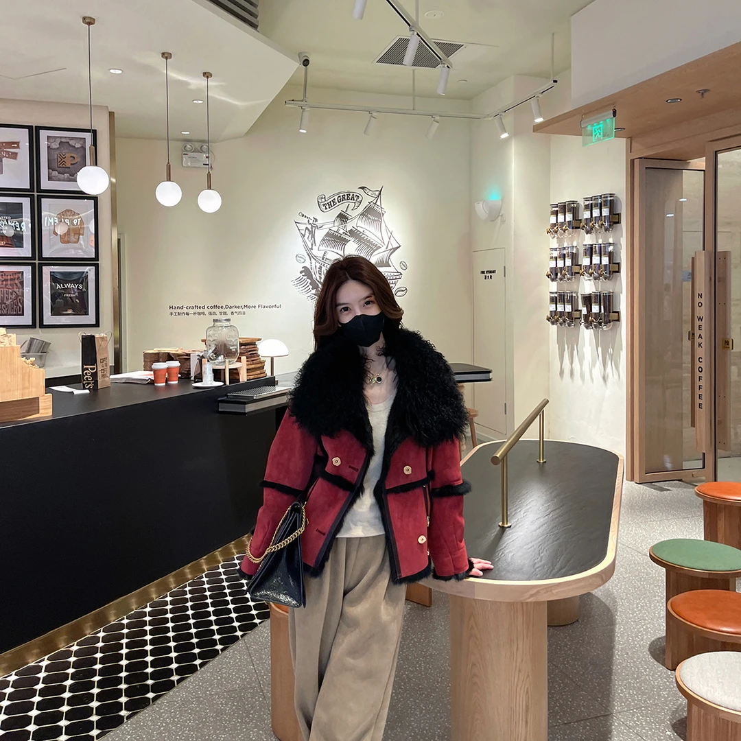 【W1397】Liixu显瘦短款上衣女气质网红毛毛外套时尚设计拼接外套女