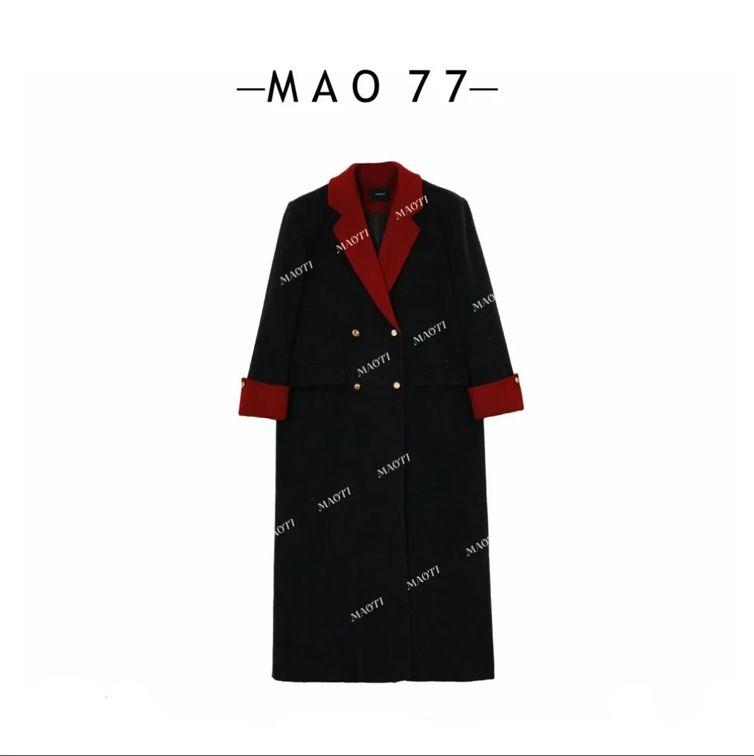 【猫七七】冬季撞色气质时尚宽松加厚过膝中长款羽绒毛呢大衣