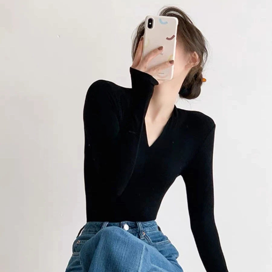 Liixu普通黑色V领针织衫女秋装气质修身弹力内搭长袖打底衫Z1375