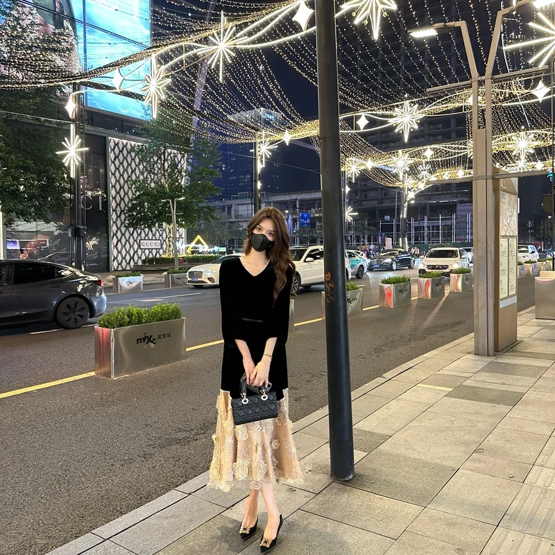 【24Q142】QP法式气质连衣裙女秋季新款时髦洋气中长款拼接长裙