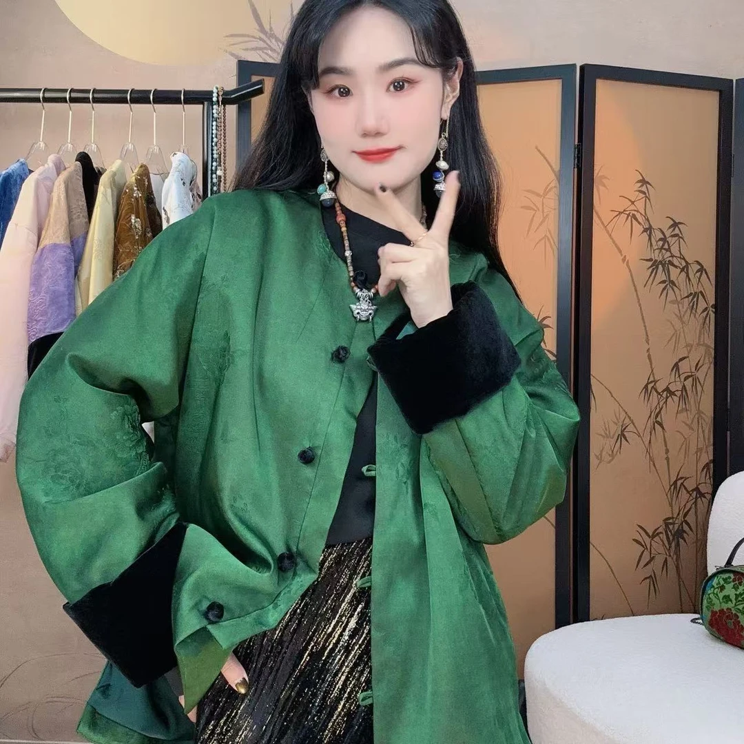【 小许夫妇】桑蚕丝新中式双色袖口拼接丝绒夹棉加厚冬季外套