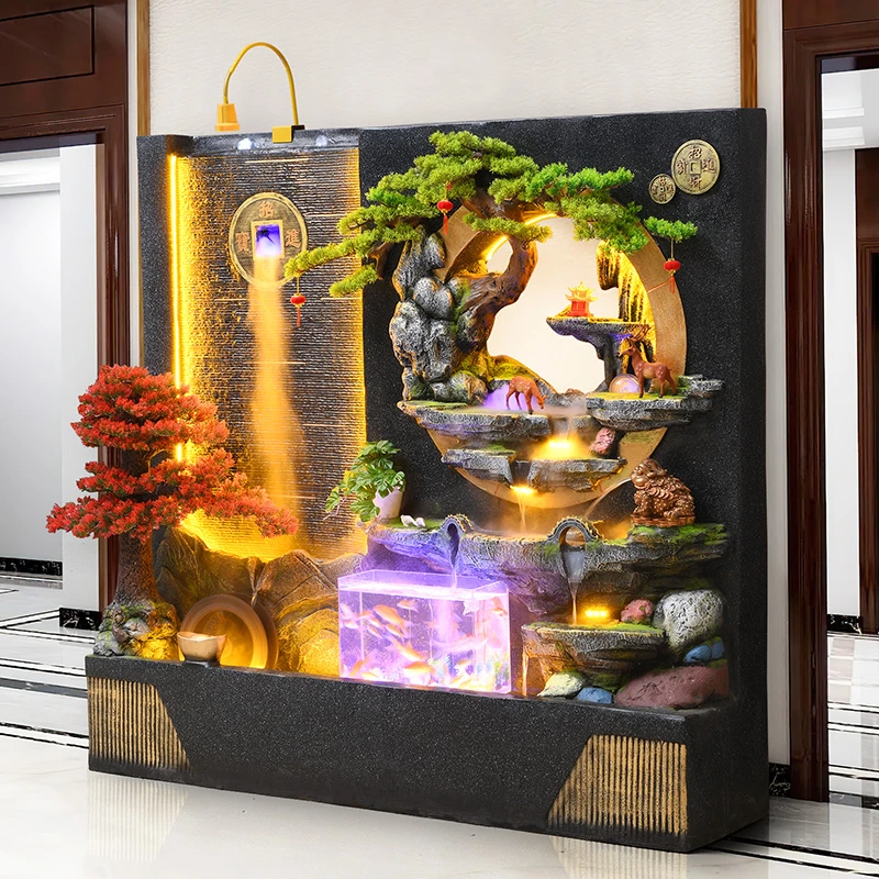假山流水循环水幕墙风水轮客厅办公室屏风景观加湿器鱼池落地摆件