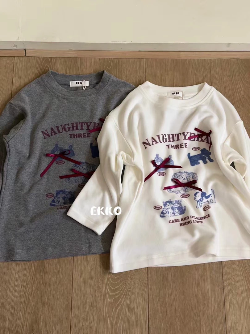 2024女童立体蝴蝶结T恤女美式休闲印花长袖加厚