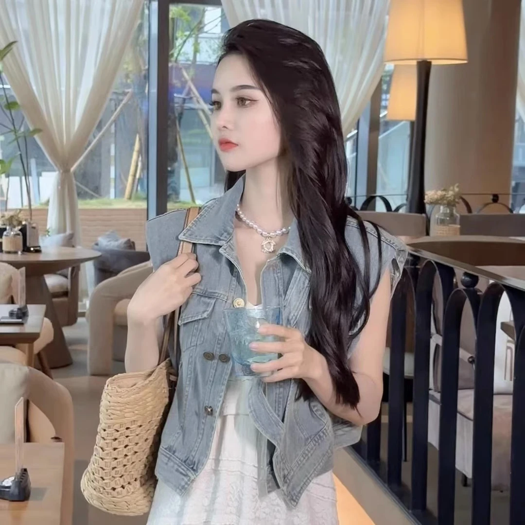 小个子吊带裙套装女2023夏季新款时尚牛仔马甲高级感连衣裙两件套