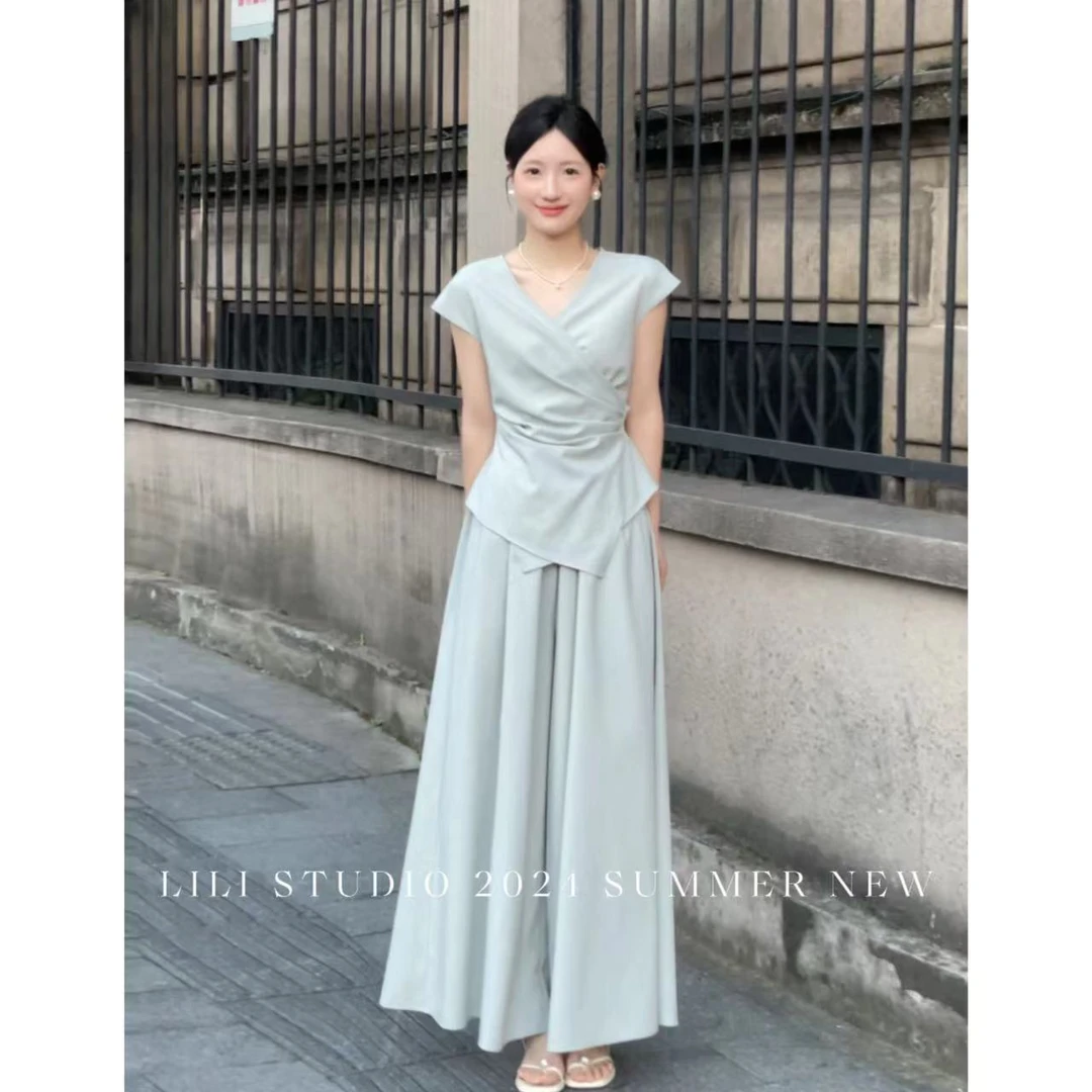 【蔓荷】可盐可甜套装女夏季2025新款双层收腰褶皱上衣阔腿裤两件套