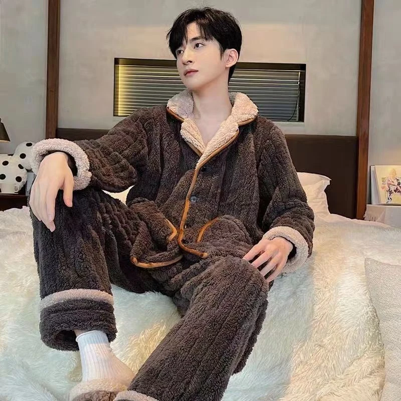 舒眠绒男款抽条加绒家居服睡衣秋冬季款宽松韩版大码套装