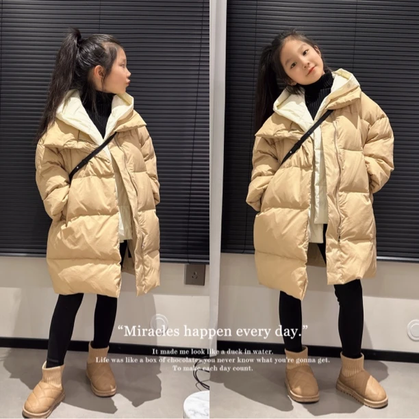 (亲子款)女童羽绒服中长款2023冬季新款冬装假两件女大童加厚外