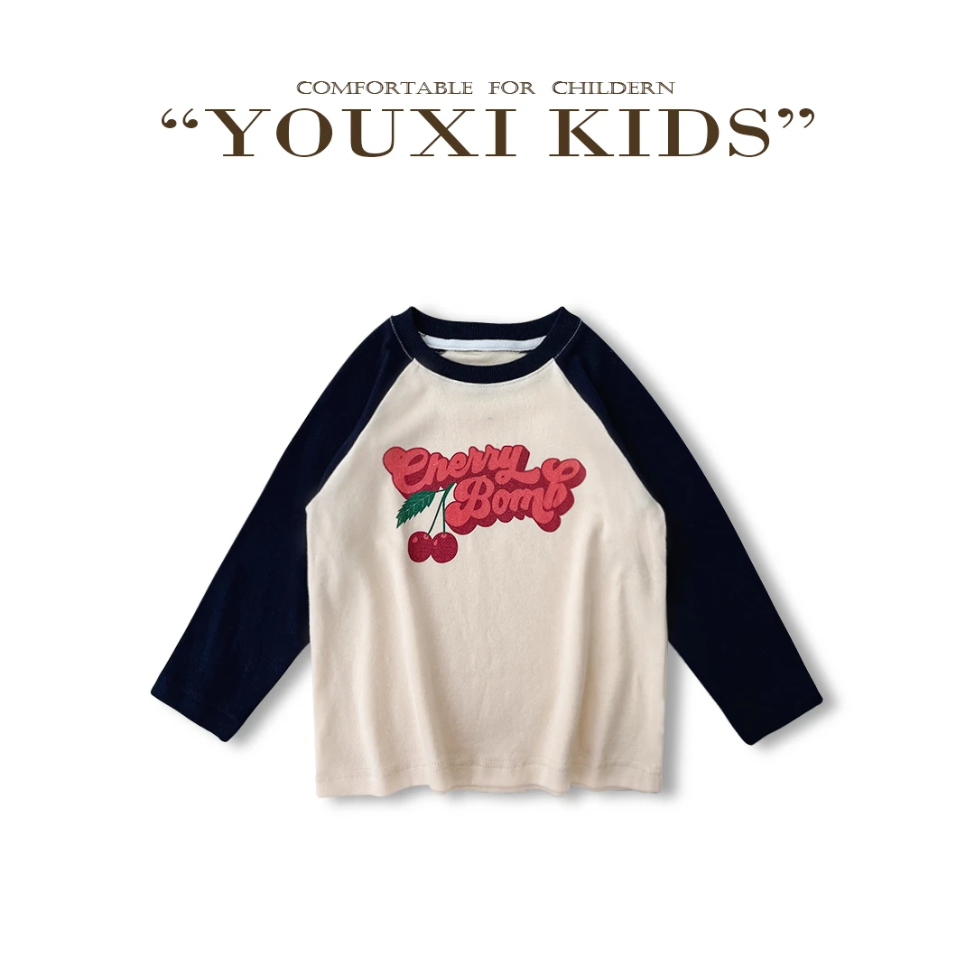 【卡通女孩】女童秋撞色插肩袖印花圆领长袖套头T FF2216