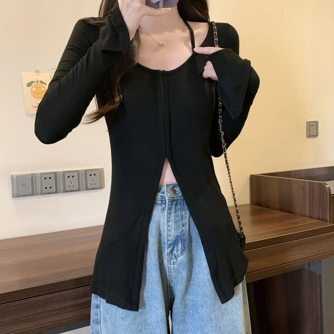 设计感修身显瘦百搭开叉挂脖t恤上衣女秋冬新款纯色长袖打底衫女