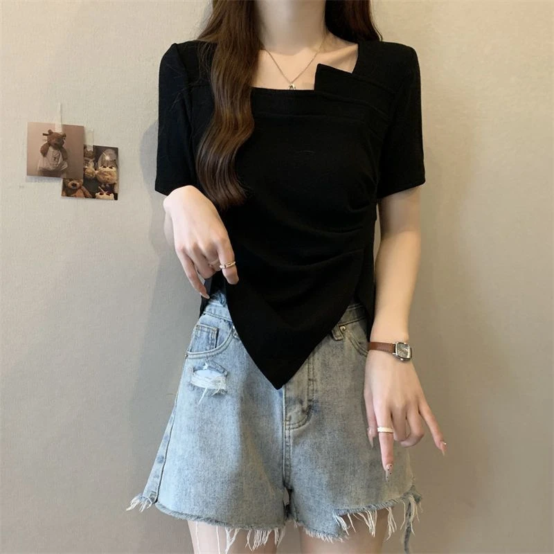 大码复古短袖t恤女夏季2025新款不规则正肩体恤胖MM遮肉显瘦上衣