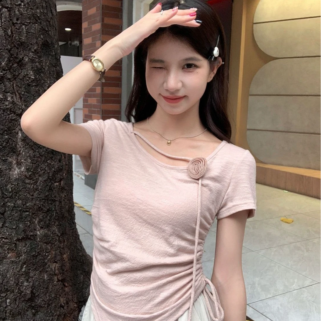 立体花朵短袖T恤大码女装胖mm夏季显瘦不规则抽绳别致小衫上衣潮