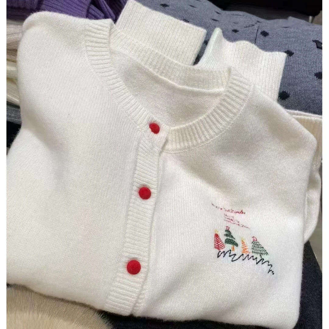 现货2024冬圆领单排扣刺绣圣诞树宽松长袖羊毛针织开衫