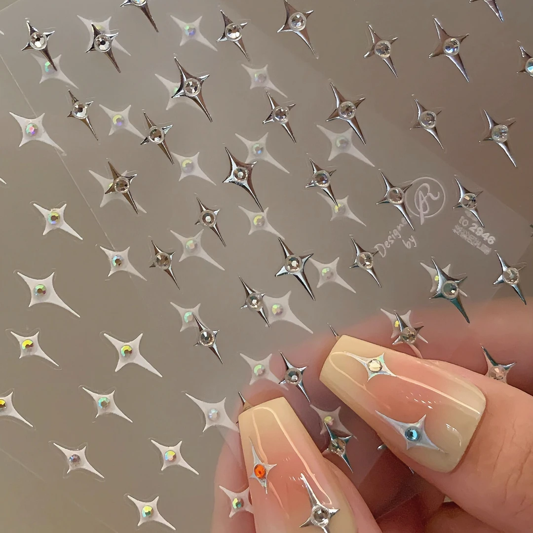 红新款爆闪镭射烫银四芒星彩色晶钻3d美甲贴纸指甲装饰品小配件