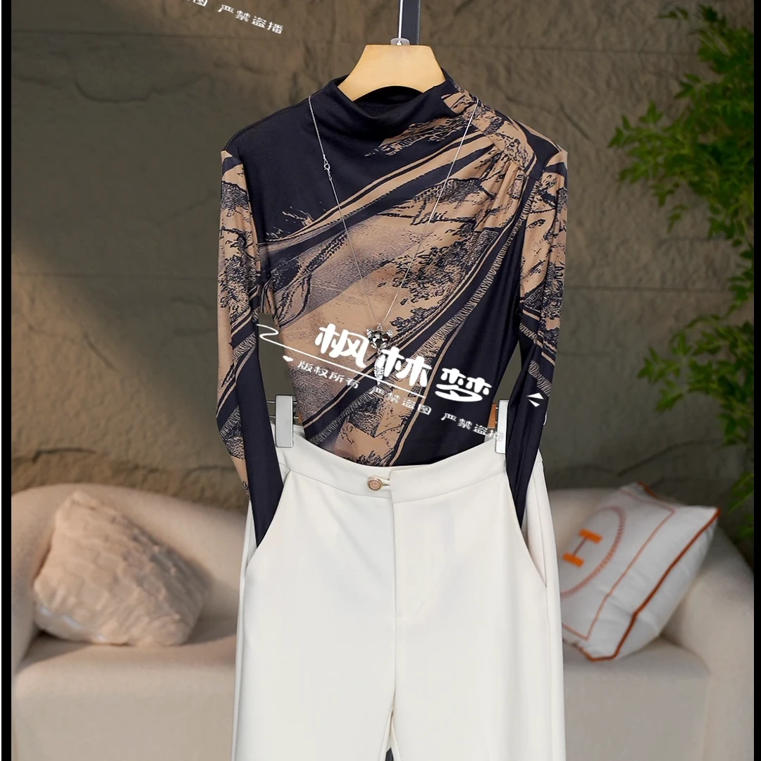 欧货长袖打底24秋冬新款气质显瘦弹力海岛绒长袖打底衫女上衣-123