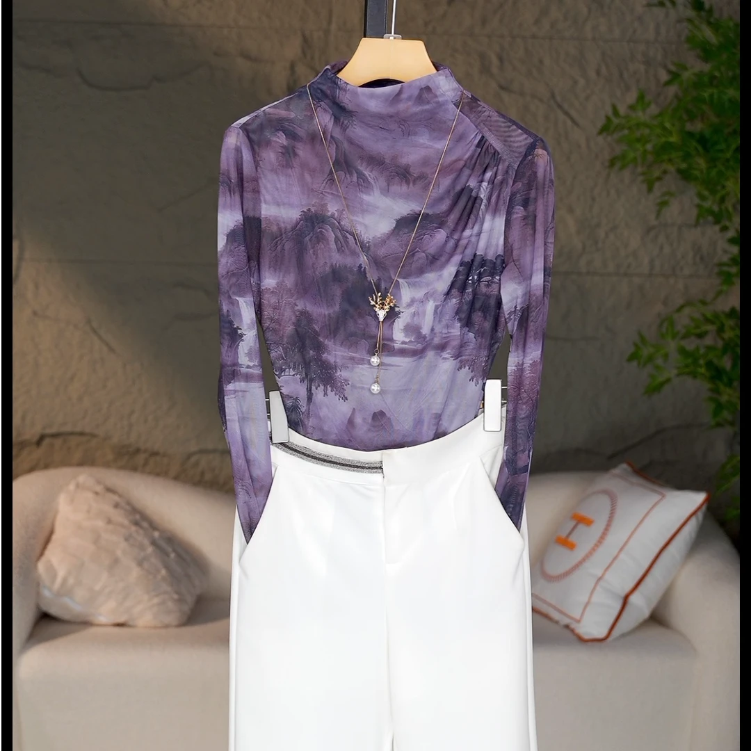 2024加绒高档秋冬新款气质修身显瘦弹力记忆纱长袖打底衫女上衣90