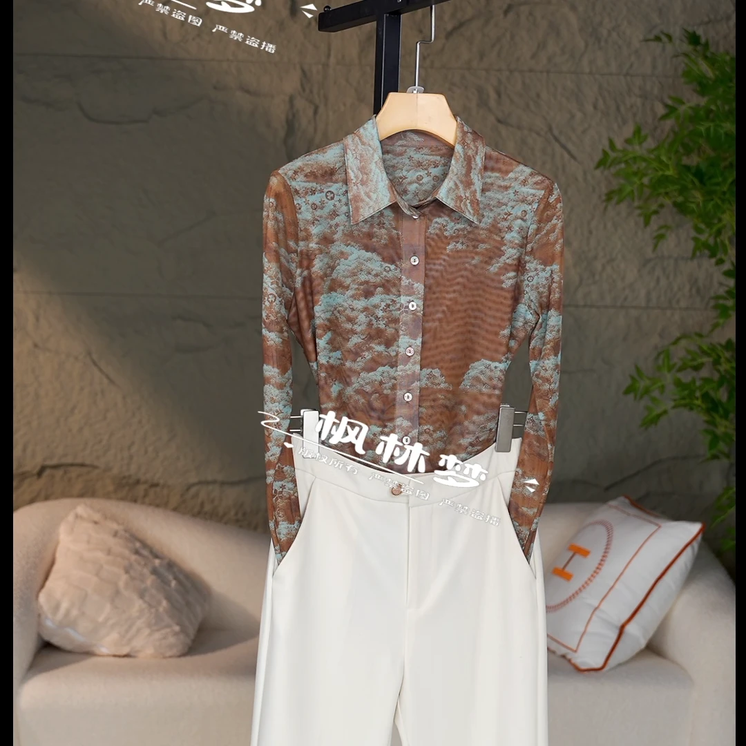 实际库存新款记忆纱气质修身显瘦时尚休闲长袖衬衫女上衣印花321