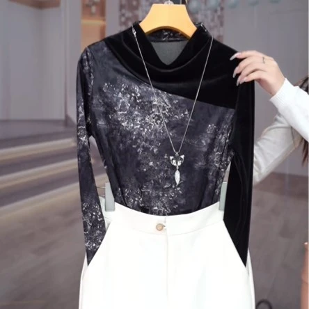 实际库存上衣女装长袖秋冬新款高端气质洋气印花内搭打底衫-181