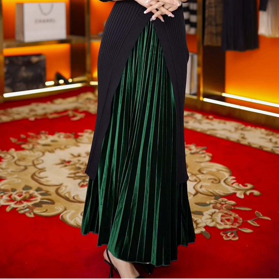 2025春夏新款丝绒气质宽松A字高腰时尚百搭轻奢中长款半身裙436