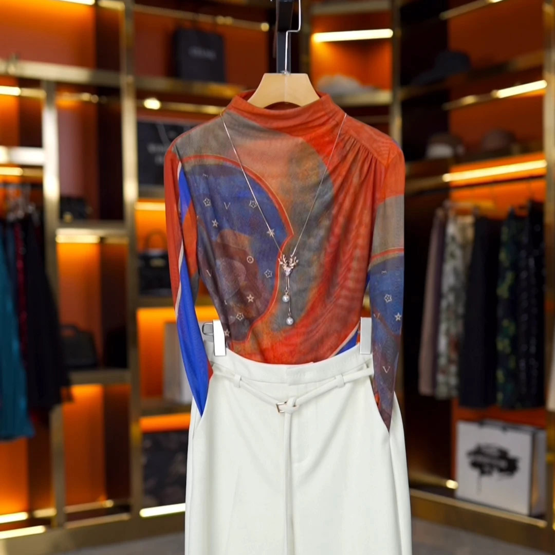 实际库存长袖恤2023秋冬新款气质修身显瘦弹力网纱打底衫女上衣33