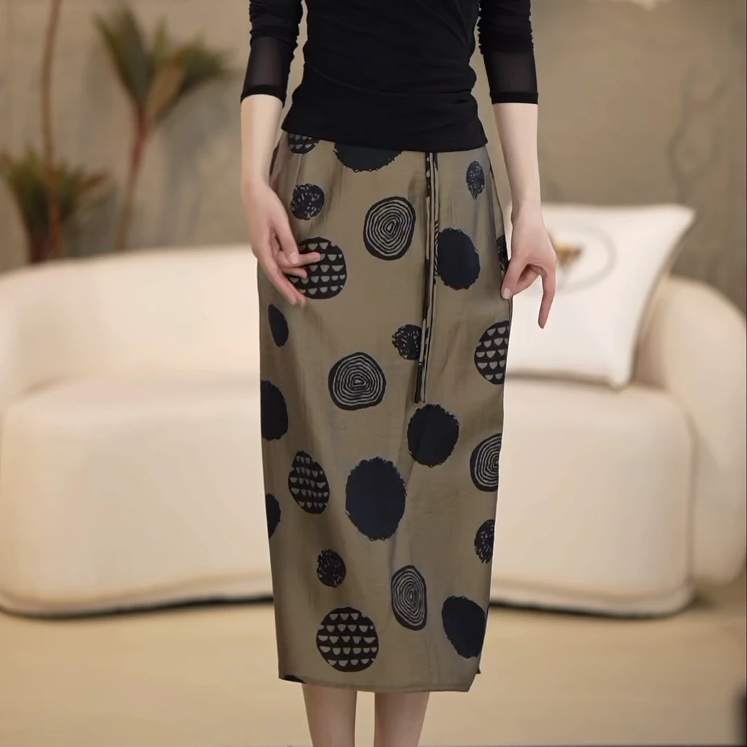 实际库存夏新款大波点印花包臀百搭时尚经典优雅复古中长款裙111