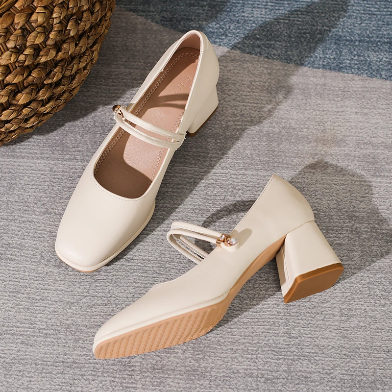 时尚粗跟方头单鞋女中高跟2025新款爆款百搭优雅舒适方头软底女鞋