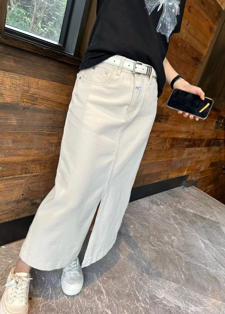 CC家杂色原色牛仔半身裙女高腰开叉中长款直筒裙子98015#