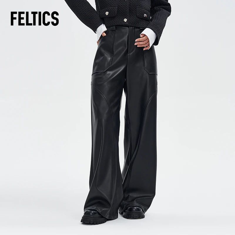 FELTICS新款上新休闲时尚高腰直筒百搭黑色皮裤