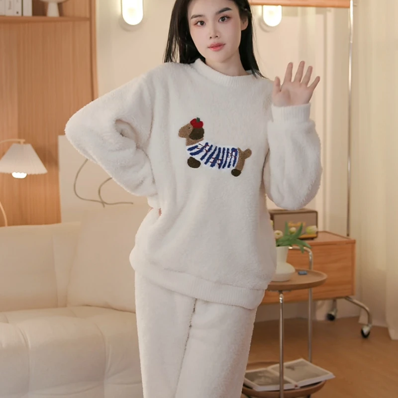 新款草莓睡衣女冬季家居服套装腊肠狗加厚半边米粒绒舒服加厚保暖
