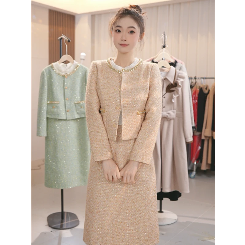 Y1572高档小香风两件套2024秋季新款淑女时尚外套礼服裙套装女