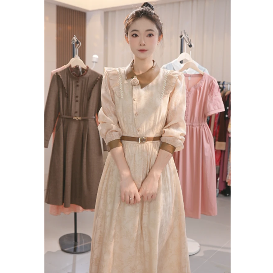 Y1296新款女装连衣裙气质长袖收腰显瘦中长款裙子