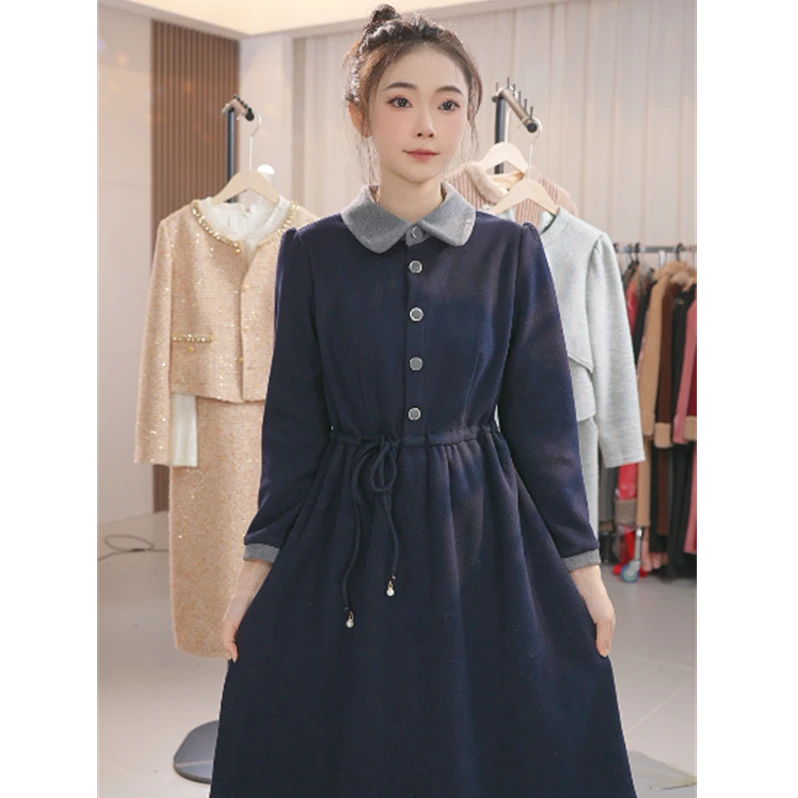 Y1629简约时尚气质连衣裙女冬季新款小个子高端精致中长裙子