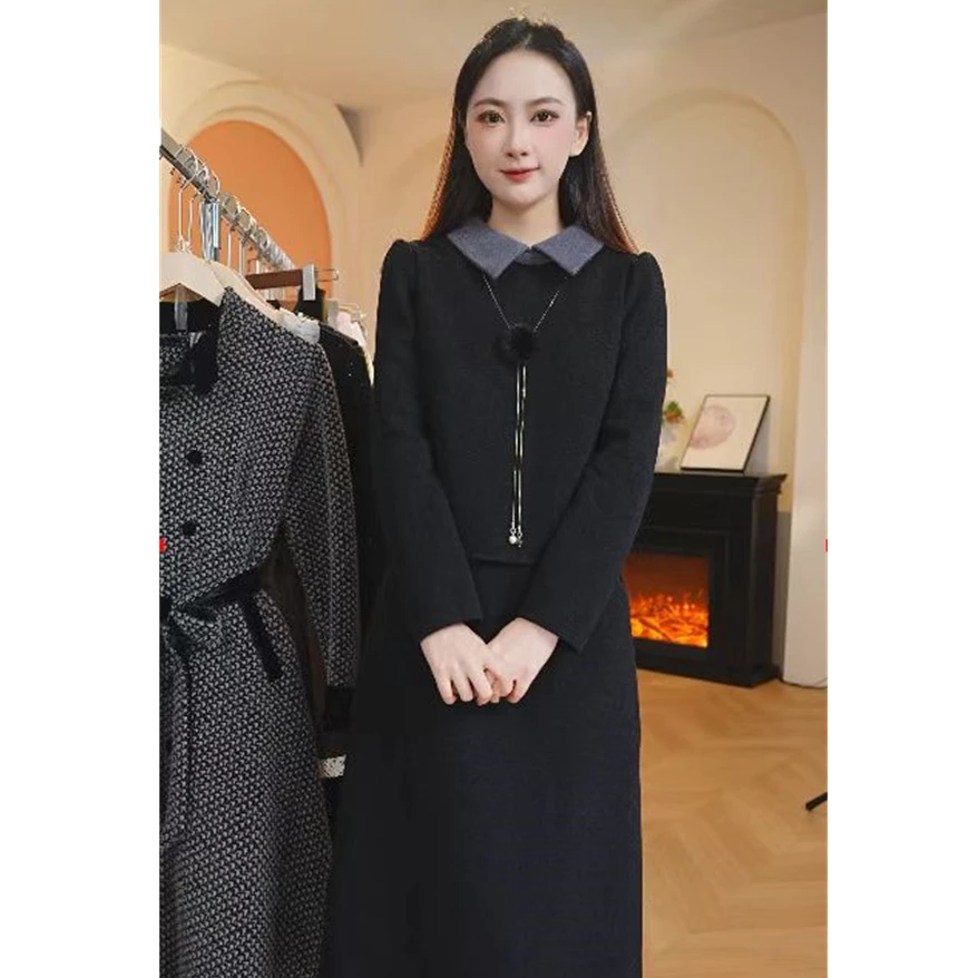 Y1669时尚高领假两件连衣裙秋冬新款韩版中长款收腰显瘦裙子