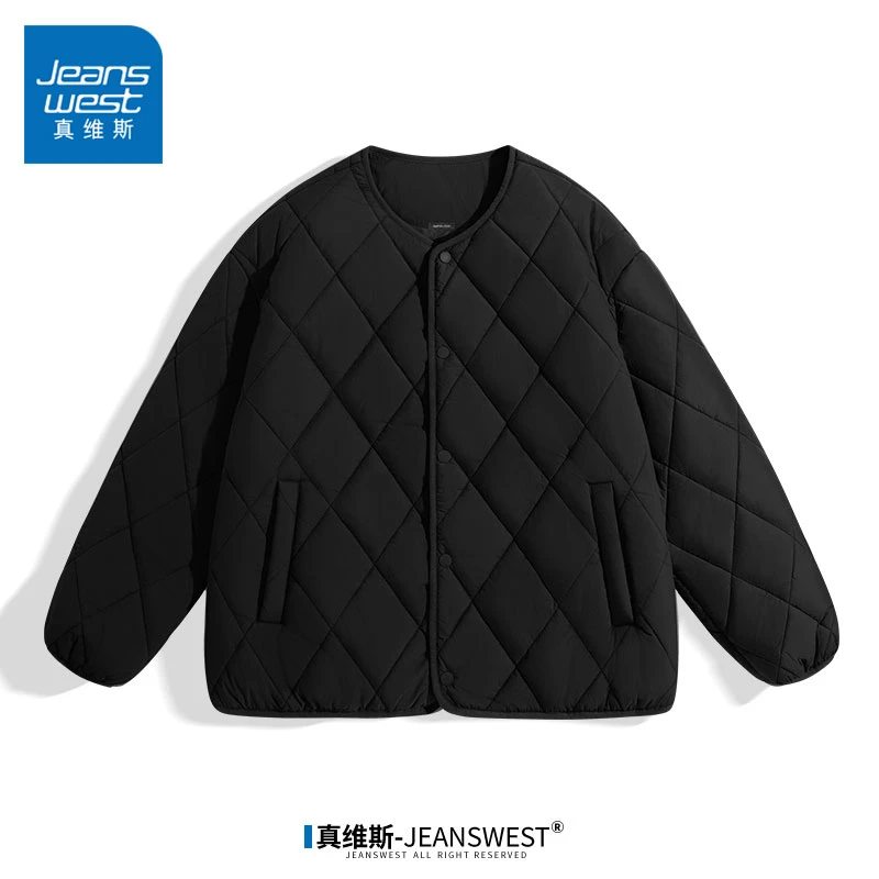 真维斯棉服男士冬款轻薄保暖无领棉服男生菱形格抗寒宽松情侣外套