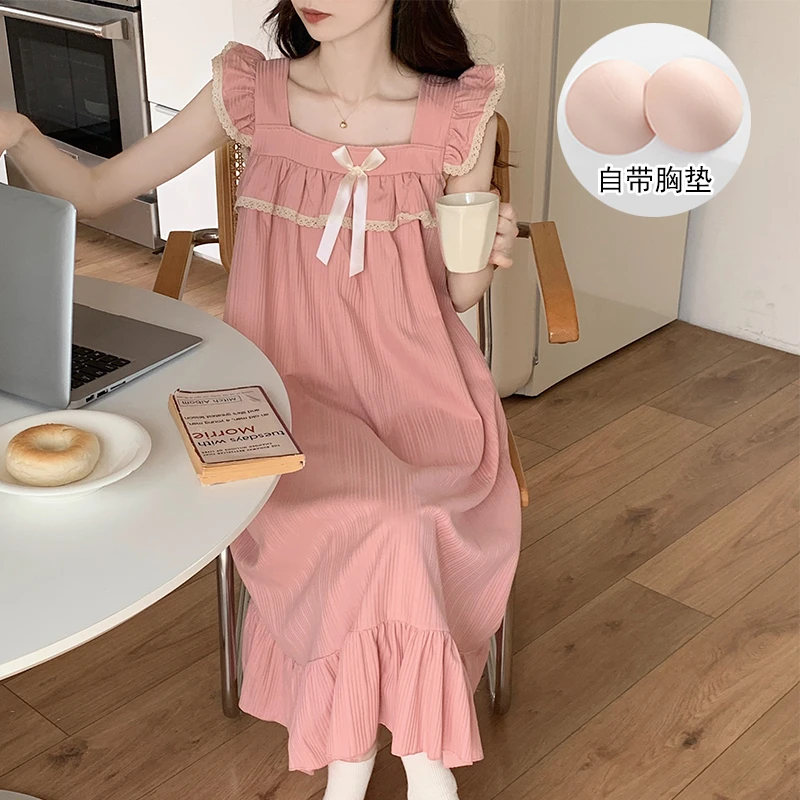 带胸垫睡裙女夏季小飞袖甜美公主风粉色睡衣少女夏天中长款家居服