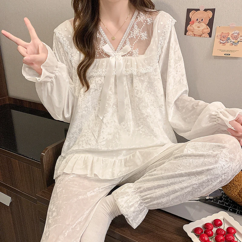 睡衣女金丝绒春秋冬季长袖套装新款蕾丝花边甜美公主风宫廷家居服