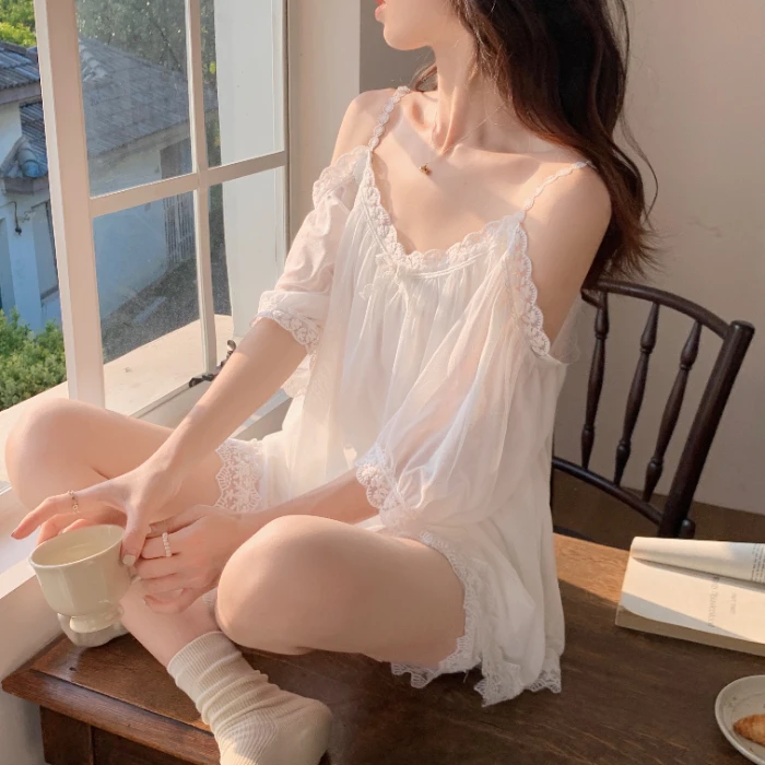 一字肩网纱睡衣套装夏季家居服薄款网红女士纯欲公主风秋季宫廷风