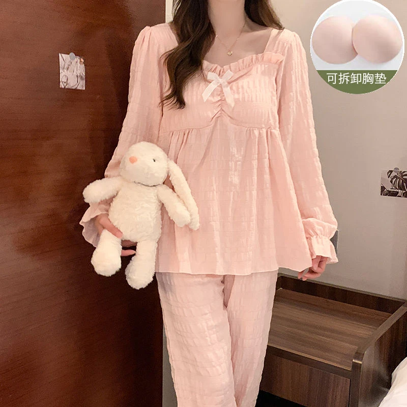 带胸垫睡衣女春秋季云朵棉提花长袖可爱甜美公主风家居服套装冬天