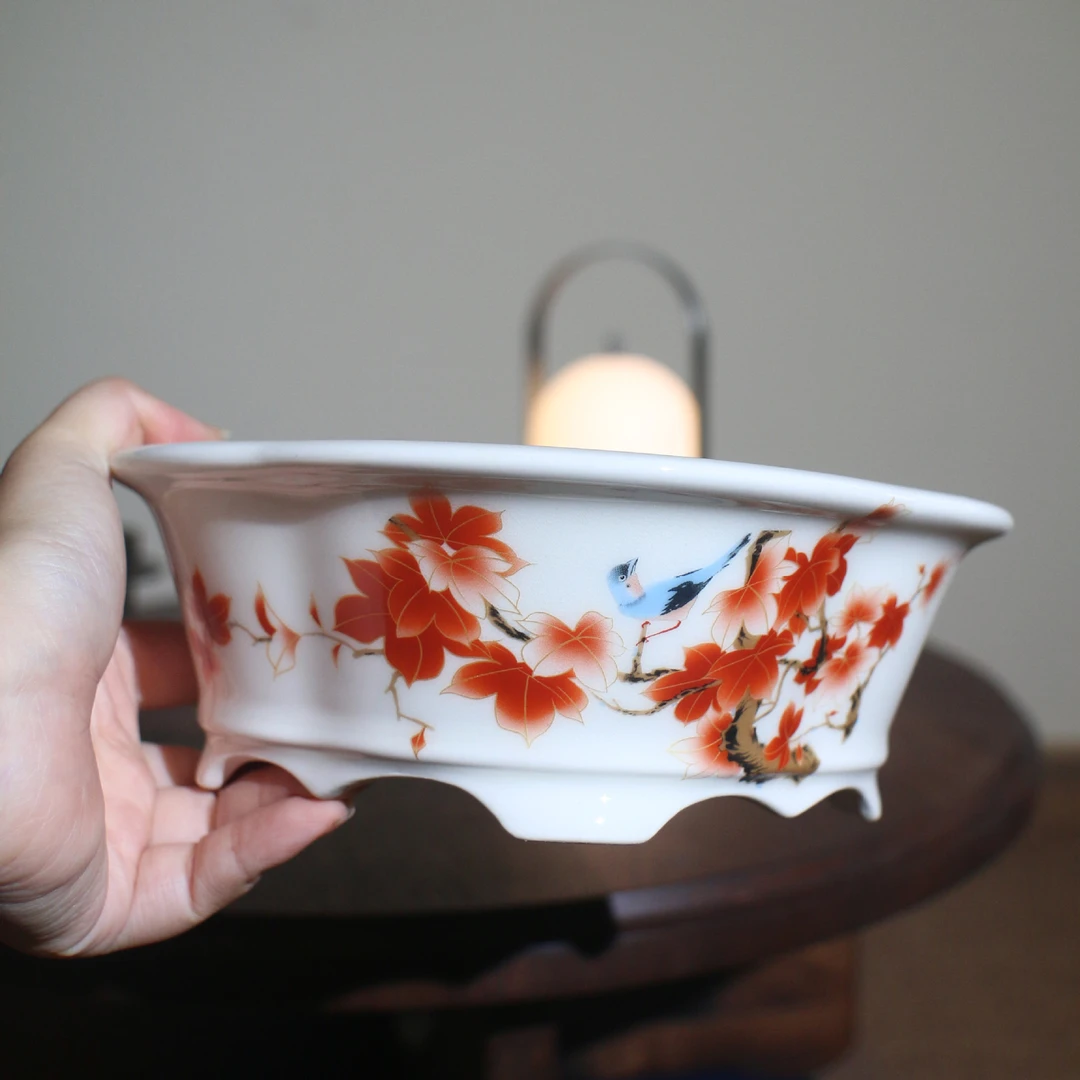 紫砂花盆海棠形陶瓷盆景盆手绘彩绘山水手工木瓜瓷盆中国风觅陶乡